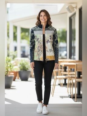 Johnny Was Skinny Minnie Multi-Color Floral Zip Bomber Jacket